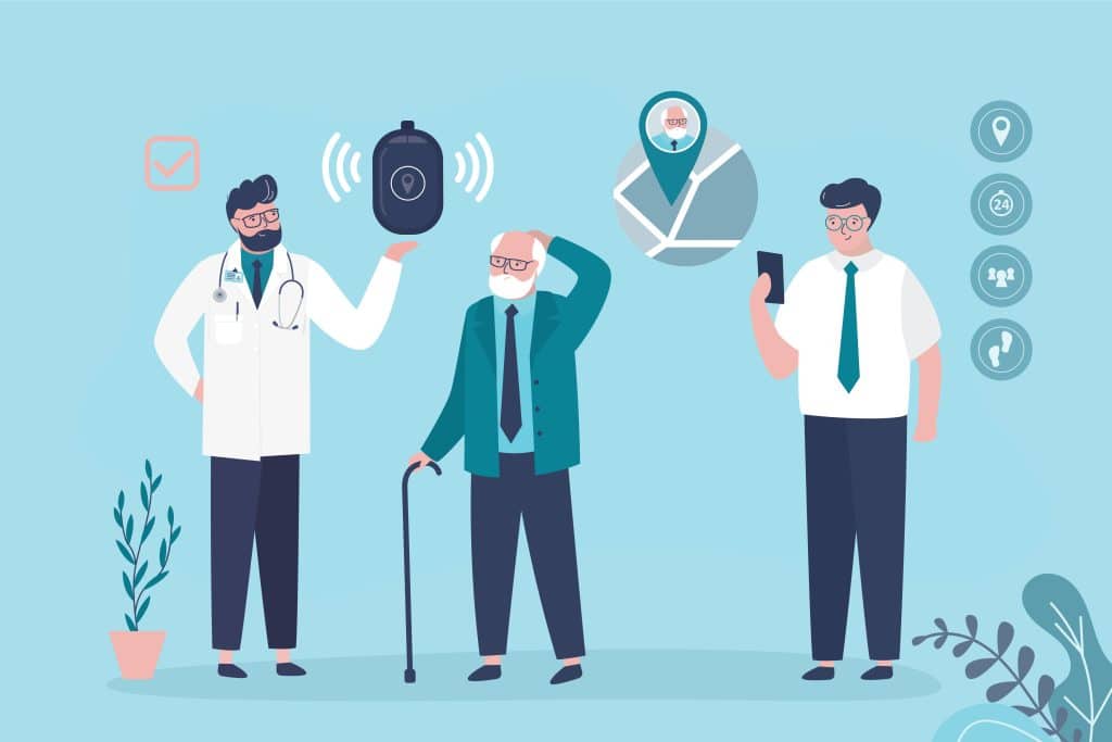 Senior GPS tracker, beneficial tool for keeping an eye on aging loved whereabouts. Doctor give tracker for elderly man, relative controlling grandfather on mobile phone app